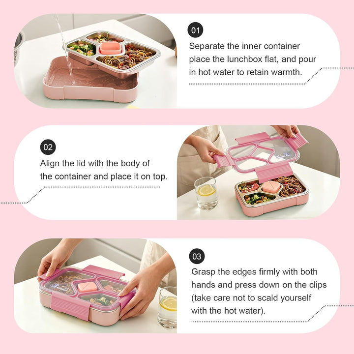 Edelstahl Brotdose Kinder,1020ml Metall Bento Lunchbox mit 4 Fächern Auslaufsichere Brotbox Kinderga