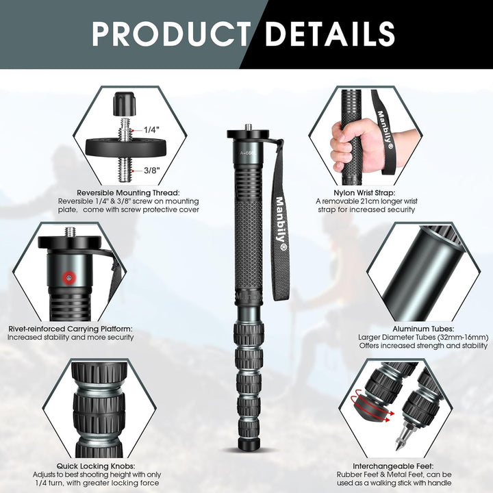 Manbily 32mm Einbeinstativ für Kameras 44cm-174cm aus Aluminium Monopod Stativ DSLR Reise-Einbeinsta