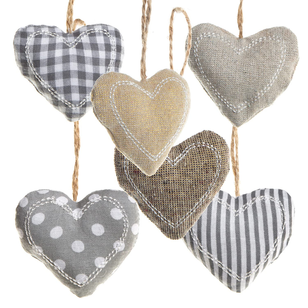 Deko-Anhänger Herzen, 6er Set: Herzanhänger Stoff, Stoffanhänger Herz, Dekoherzen zum Aufhängen, Wei