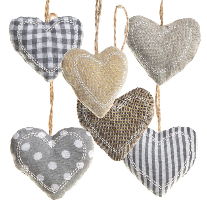 Deko-Anhänger Herzen, 6er Set: Herzanhänger Stoff, Stoffanhänger Herz, Dekoherzen zum Aufhängen, Wei