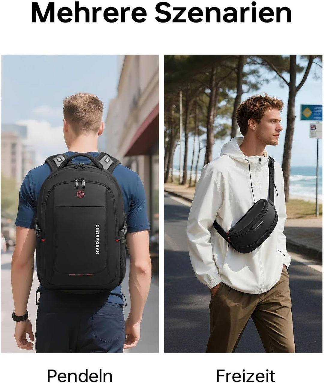 CROSSGEAR Reise-Laptop-Rucksack + Crossbody-Umhängetasche Set, 30L schwarzer wasserdichter Rucksack,