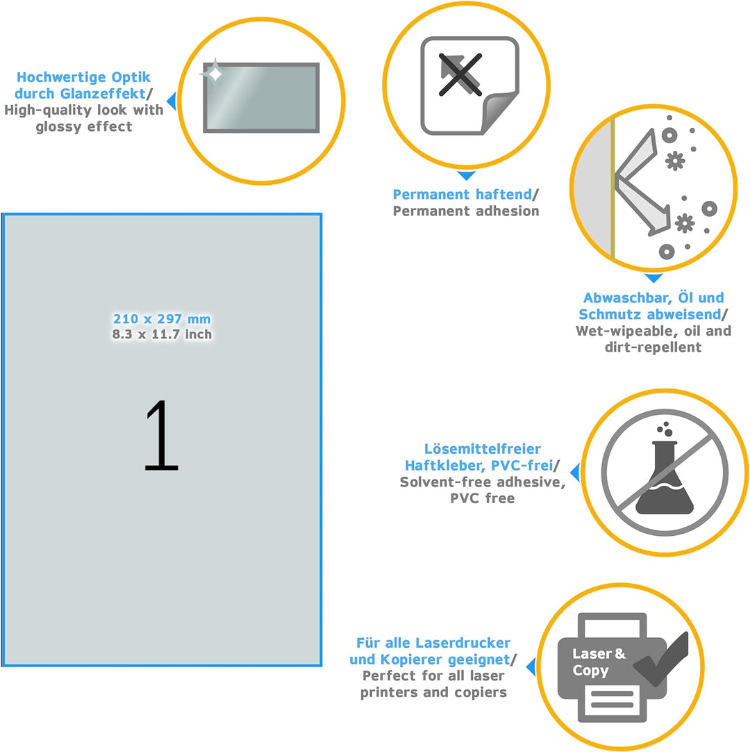 HERMA 4117 Wetterfeste Folienetiketten silber, 25 Blatt, 210 x 297 mm, 1 Stück pro A4 Bogen, 25 Aufk