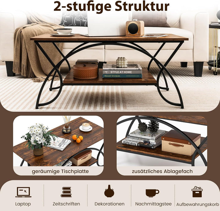COSTWAY Couchtisch, Kaffeetisch mit Ablage und Metallgestell, Wohnzimmertisch, Beistelltisch, Sofati