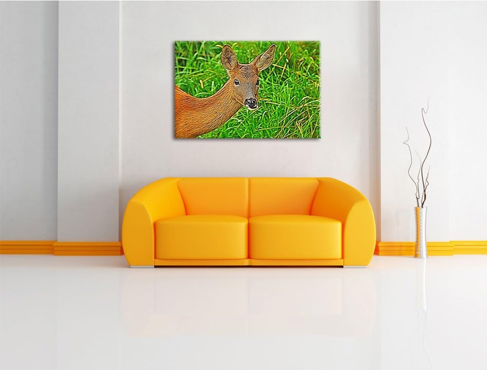 Reh beim Fressen, Format: 100x70 auf Leinwand, XXL riesige Bilder fertig gerahmt mit Keilrahmen, Kun