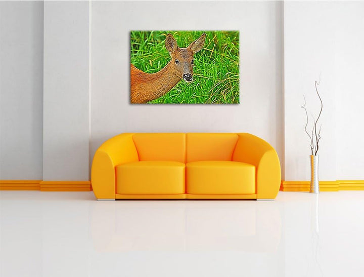 Reh beim Fressen, Format: 100x70 auf Leinwand, XXL riesige Bilder fertig gerahmt mit Keilrahmen, Kun