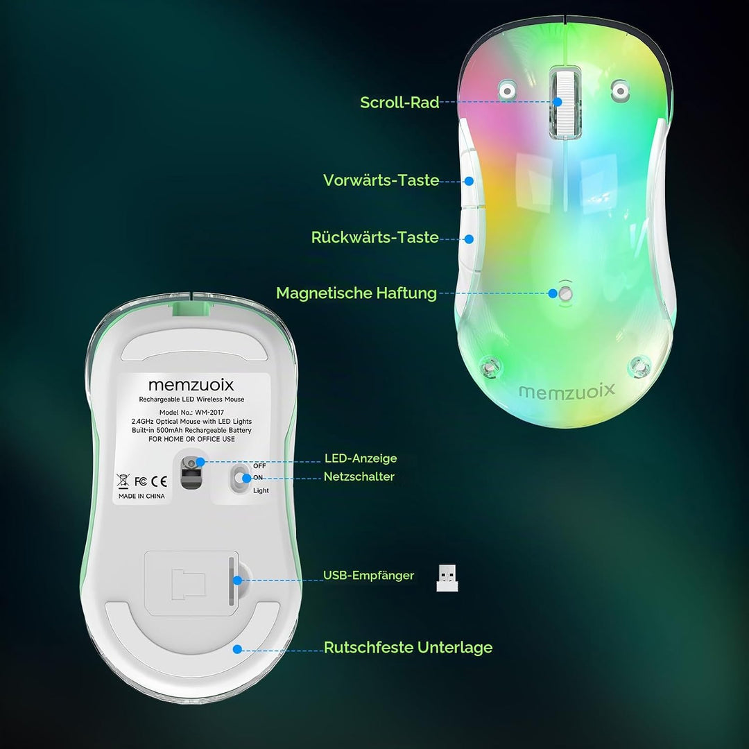 memzuoix LED Kabellose Maus – Wiederaufladbare 2.4G Optische Maus mit Magnetischer Abdeckung, Sanfte