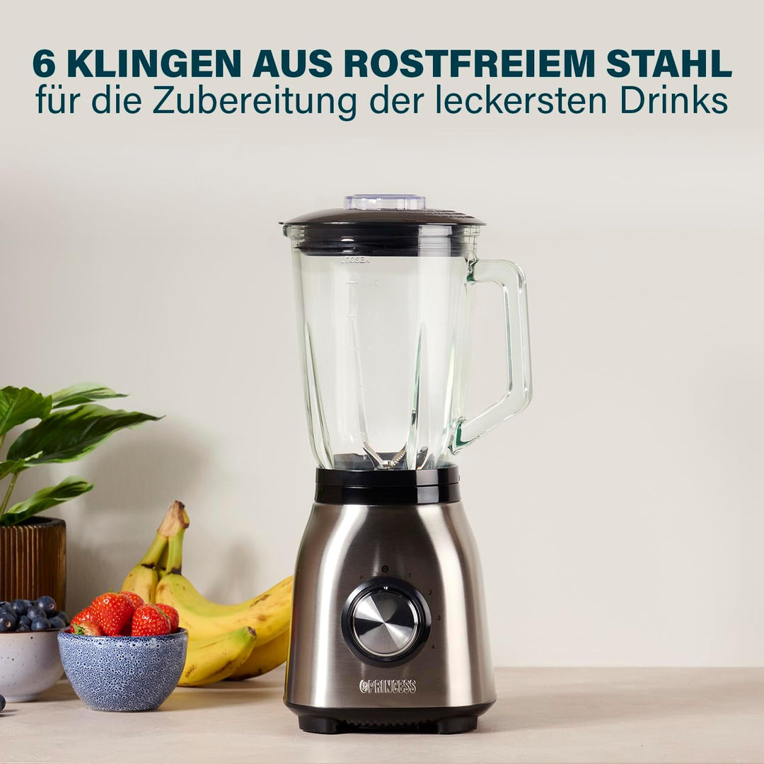 Princess Standmixer - 4 Geschwindigkeitsstufen, Impuls-Funktion, 6 Klingen, 1000 Watt, 1,5 Liter Gla