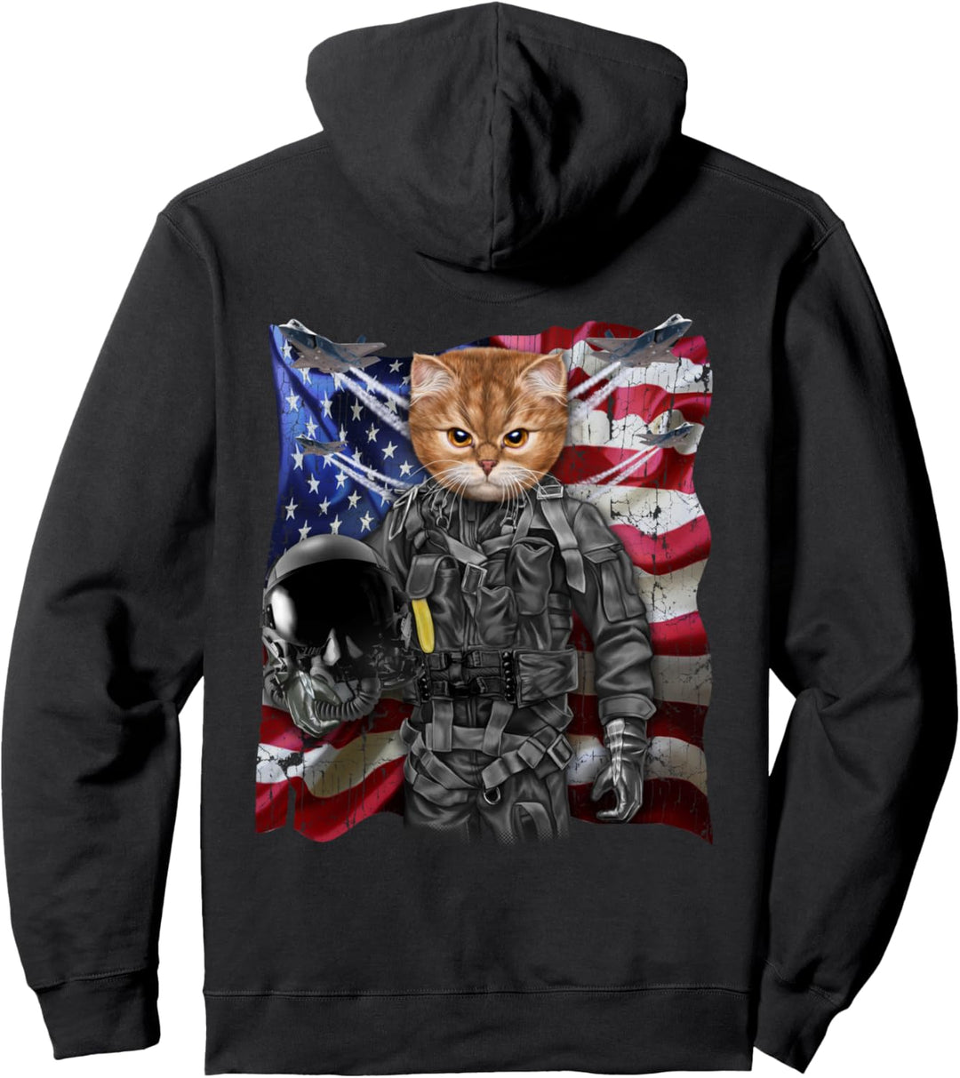 Orange Katze als Kampfpilot mit Flagge der USA Pullover Hoodie