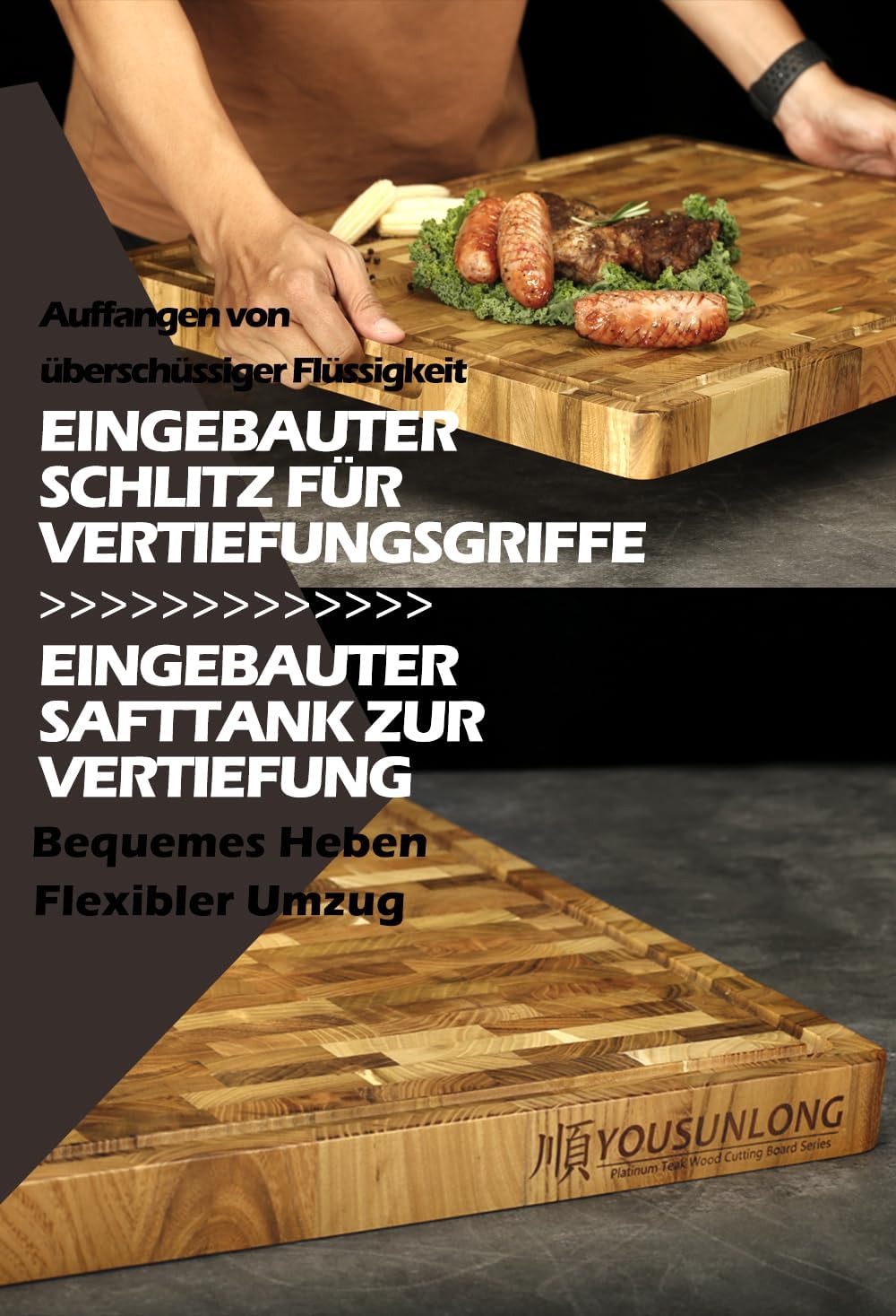 YOUSUNLONG Schneidebrett - XXL Grosses End-Grain Teakholz Fleischer-Block - 61L x 46B x 3,8D cm - Sc