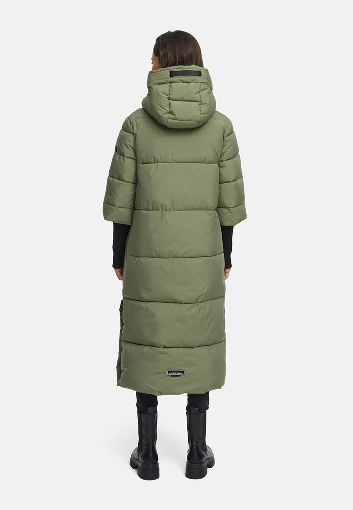 Navahoo Damen langer Wintermantel warmer Steppmantel mit Kapuze und Rippstrickärmeln Ciao Miau XIV X