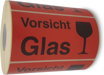 Etiketten Aufkleber Vorsicht Glas rot 1000 Stück extra gross 145x76mm Warnetikett auf Rolle 597101 -