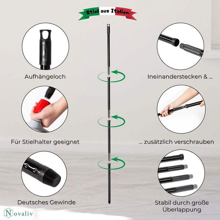 Novaliv 4X Vielseitiger Premium Schraub-Besenstiel 137 cm - 2,6 cm Stabil Langlebig Schwarz Verstell