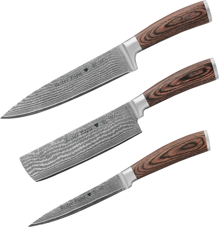 Wakoli EDIB 3er Damastmesser Set mit Gravur – Personalisiertes Messer-Set, Chefmesser, Nakiri & Allz