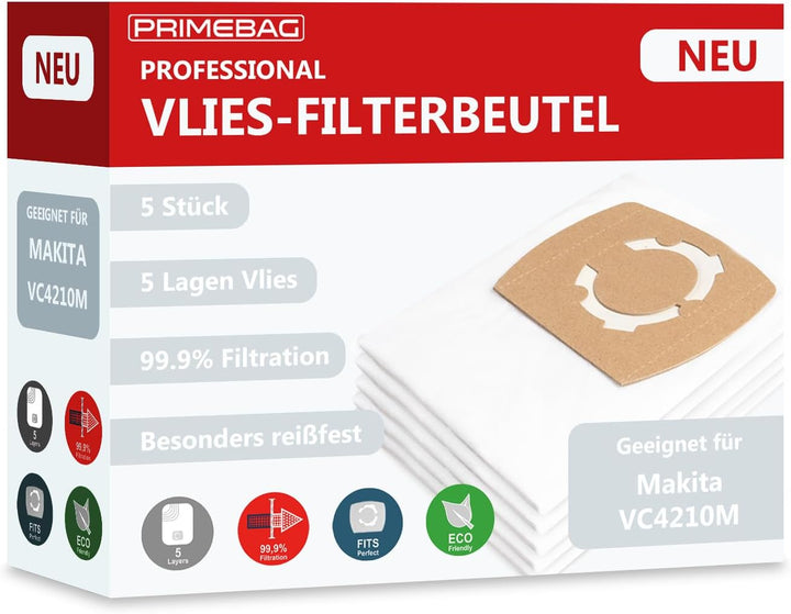 5 Staubsaugerbeutel kompatibel für Makita VC4210M Ersatz für W107418353 - Besonders reissfest, 5-Lag