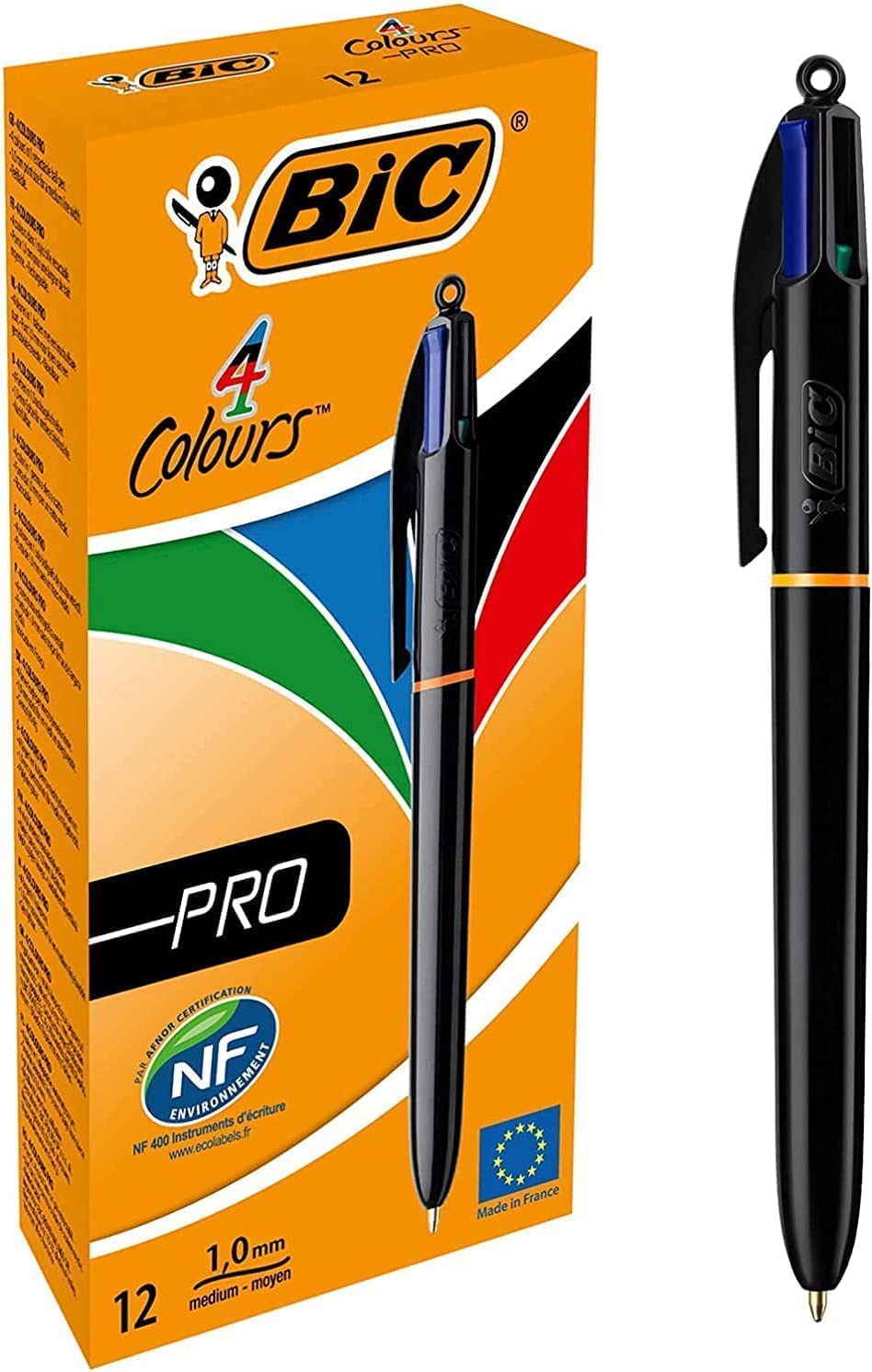 BIC 4 Farben Kugelschreiber Set 4 Colours Pro, mit schwarzem Schaft, 12er Pack, nachfüllbar, Ideal f