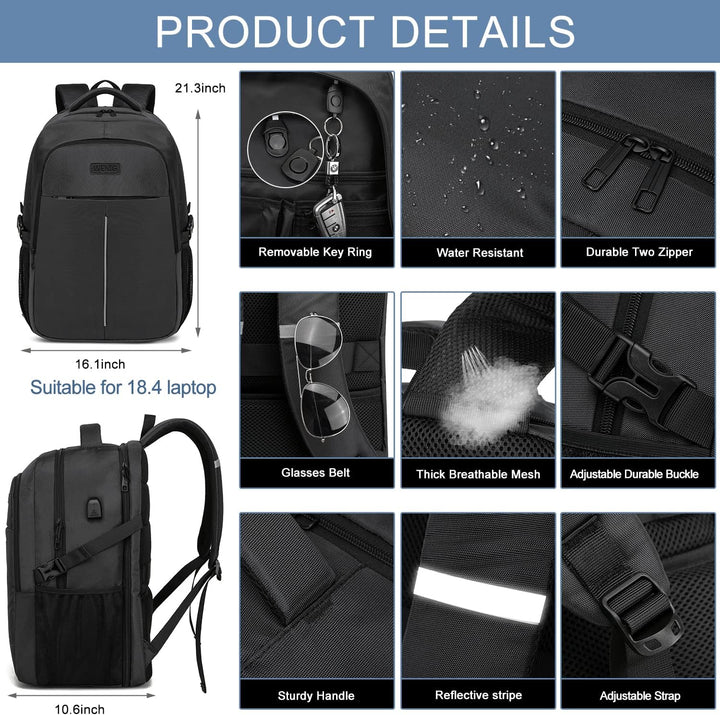 Extra Gross Rucksack Herren 55L,18.4 Zoll Laptop für Schule Arbeit mit USB Ladeanschluss Wasserdicht