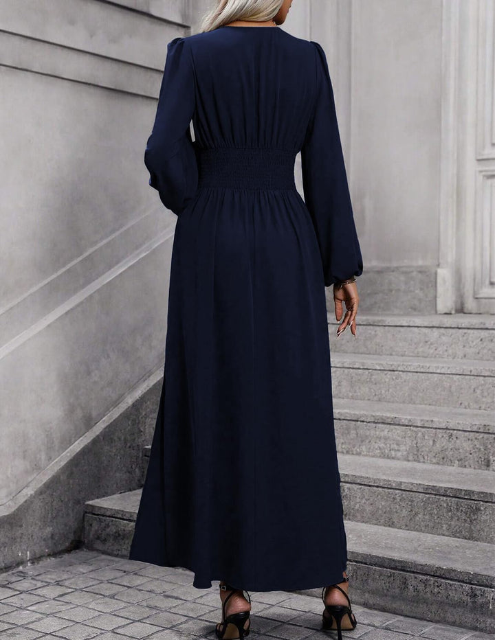 Damen Kleid 2.0 Elegant Langarm V-Ausschnit Tunika Maxikleider Casual Hohe Taille Saumschlitz Cockta