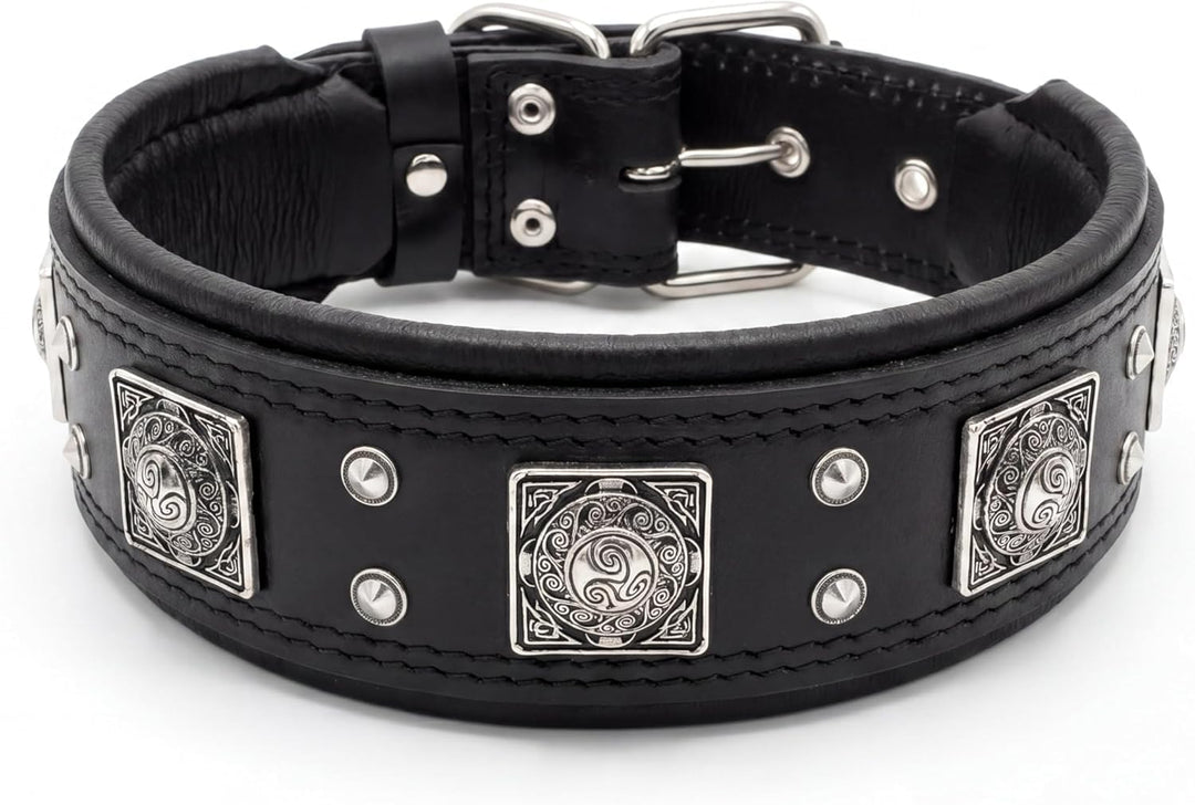 Bestia® EROS Lederhalsband für grosse Hunderassen mit Altsilber Dekoration und weicher Innerpolsteru