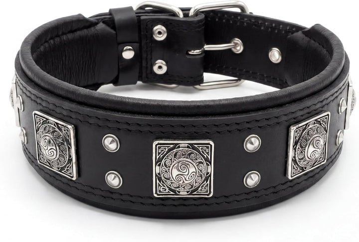 Bestia® EROS Lederhalsband für grosse Hunderassen mit Altsilber Dekoration und weicher Innerpolsteru