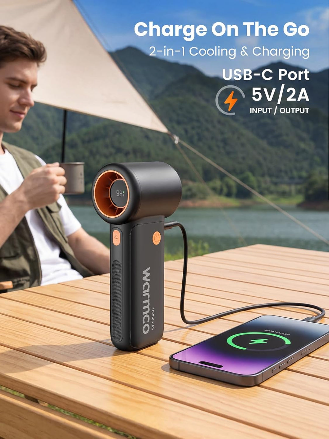 Warmco 10000mAh Turbo Tragbarer Handventilator, [36H Lange Laufzeit] USB Wiederaufladbarer Persönlic
