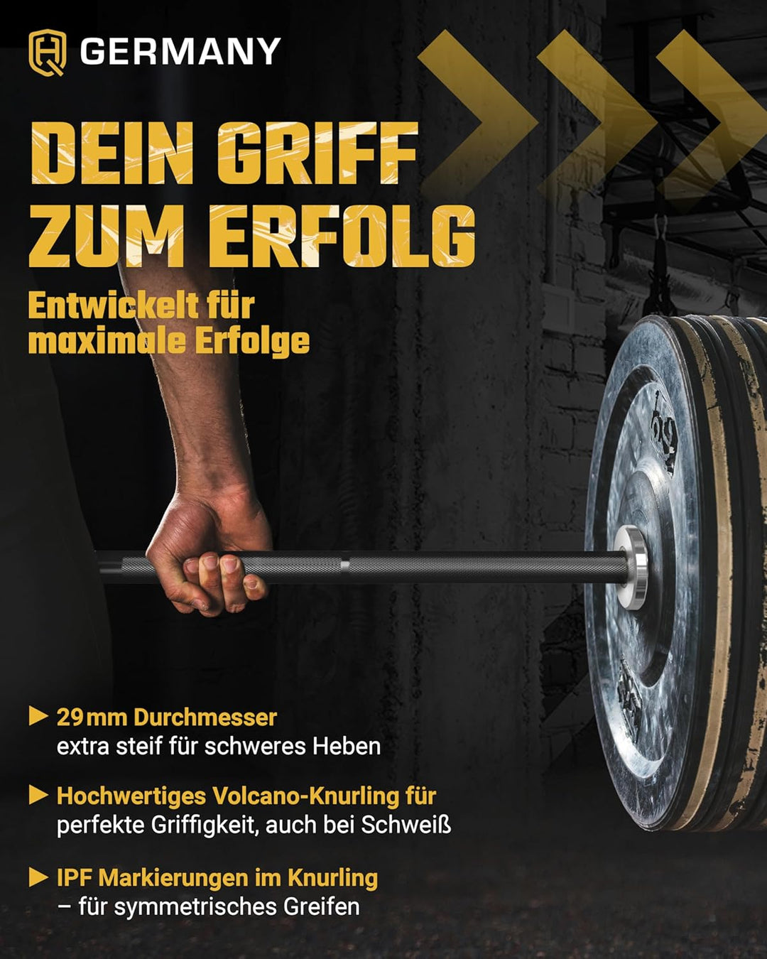 HQ Germany® Powerlifting Olympia Langhantelstange | 50mm, 220cm | 6 Graphitlager | 200.000 PSI, 700k