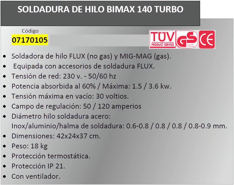 Telwin S.p.A. 821076 Bimax 140 Turbo Flux Und Mig-Mag Schweissgerät, 230 V, Weiss, BIMAX 140 TURBO