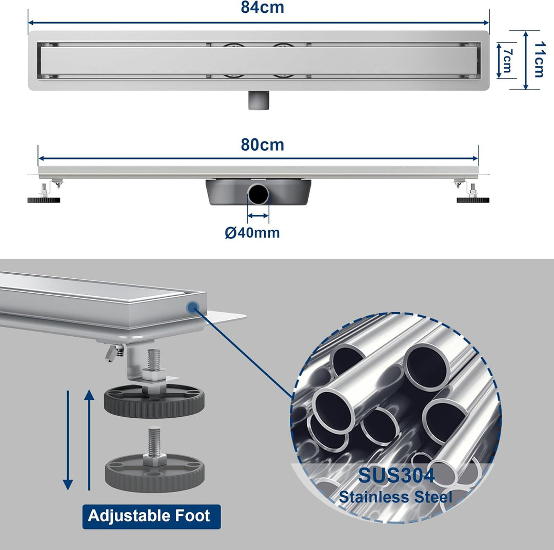 Neodrain Duschrinne 80cm Edelstahl Bodenablauf mit 2 Abflüsse, 360° Siphon 2 in 1 Duschablauf Flach