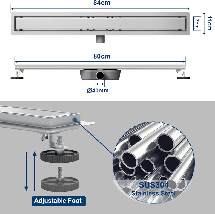 Neodrain Duschrinne 80cm Edelstahl Bodenablauf mit 2 Abflüsse, 360° Siphon 2 in 1 Duschablauf Flach