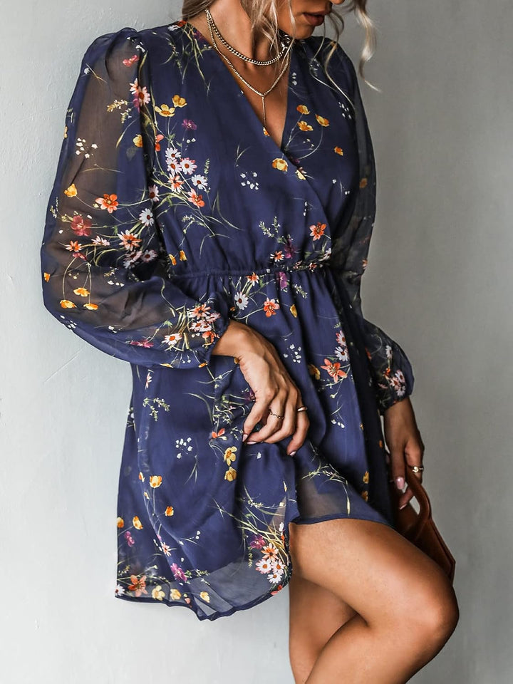 CUPSHE Damen Kleid V Ausschnitt Wickeloptik Transparente Lange Ärmel Blumenmuster Freizeitkleider Wr
