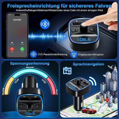 Bluetooth 5.3 FM Transmitter, KFZ Bluetooth Adapter Auto Radio, 2 USB Autoladegerät LED Display Auto