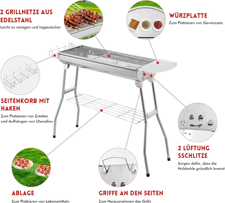 Klappgrill Holzkohlegrill Edelstahl mit Ablage &amp; Gewürzboard | lang 100cm | Faltbarer Portable Schas