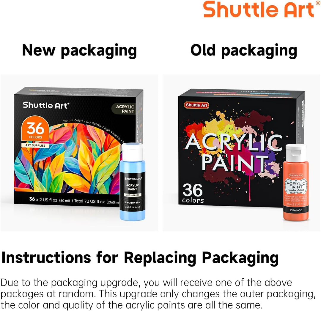 Shuttle Art Acrylfarben Set, 36 Acryl farben in Flaschen (je 60ml) mit 12 Pinselset & 1 Palette, ung