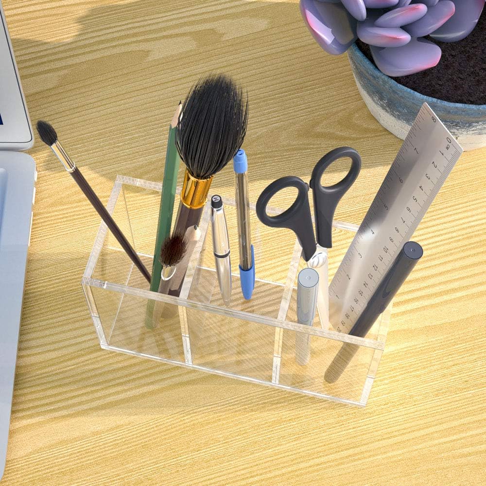 NIUBEE Stiftehalter aus Acryl, 3 Fächer, transparenter Stiftehalter für Arbeitsplatte, Schreibtisch,