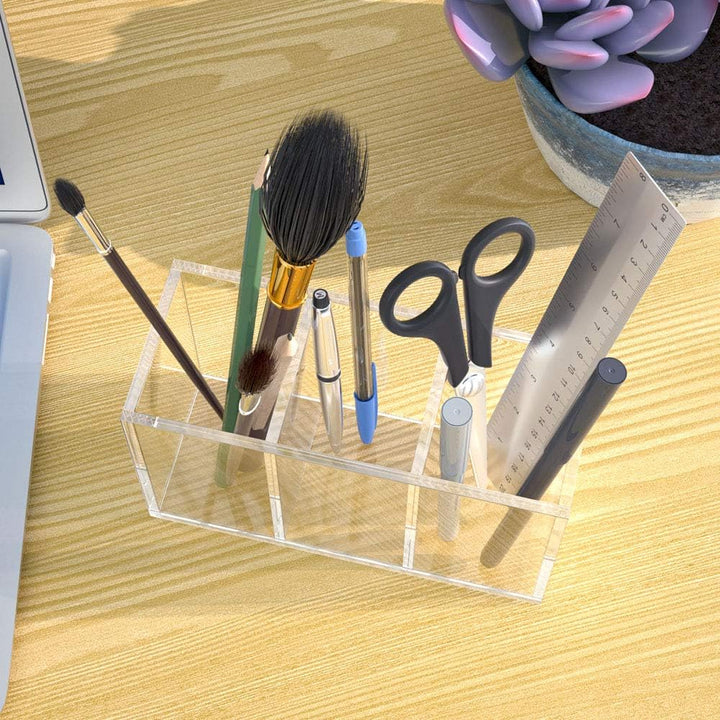 NIUBEE Stiftehalter aus Acryl, 3 Fächer, transparenter Stiftehalter für Arbeitsplatte, Schreibtisch,