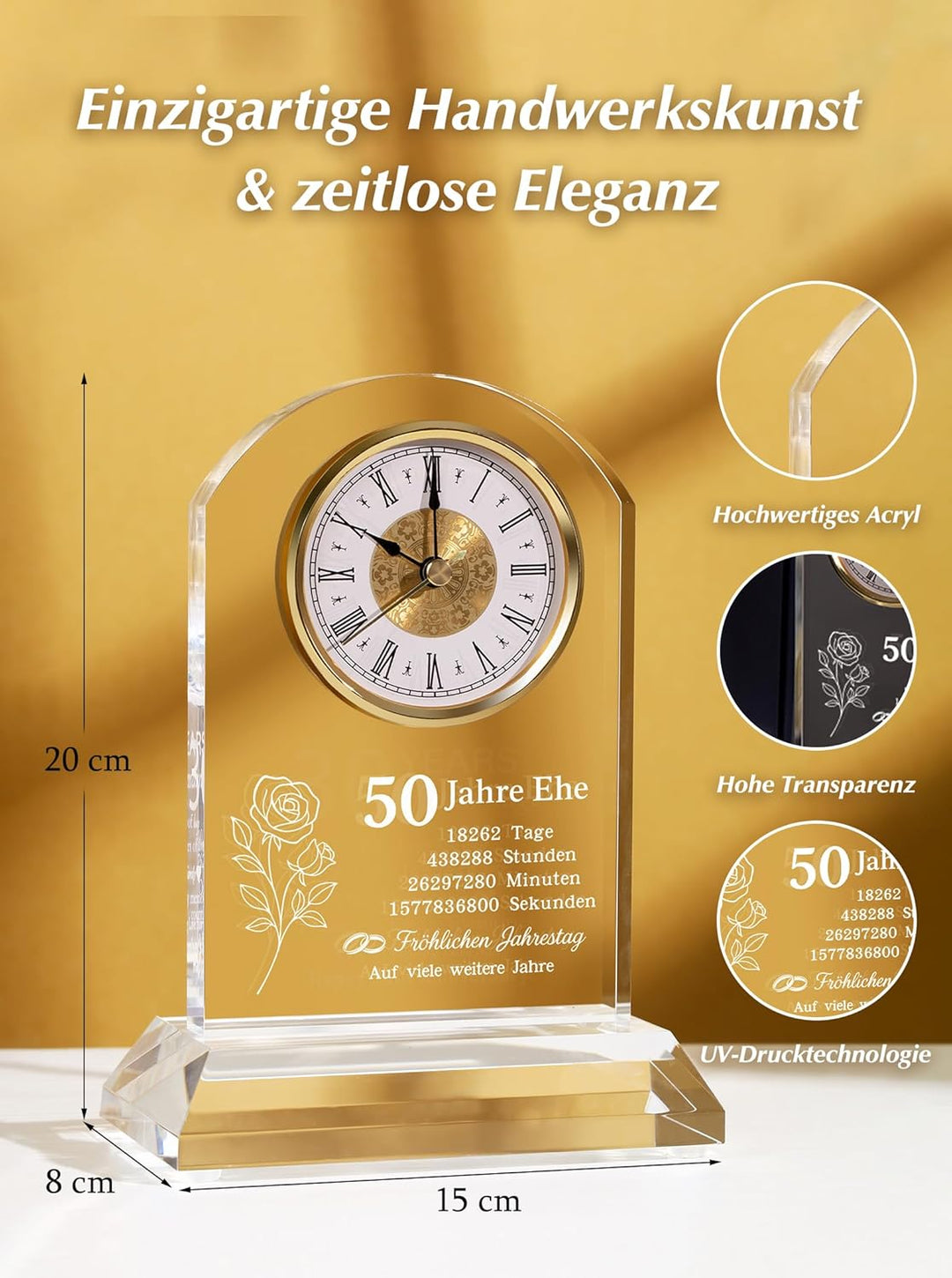 DEEWISH Goldene Hochzeit 50 Jahre Ehe Schreibtischuhr Quarzuhr, edles Geschenkset mit Geschenkbox un