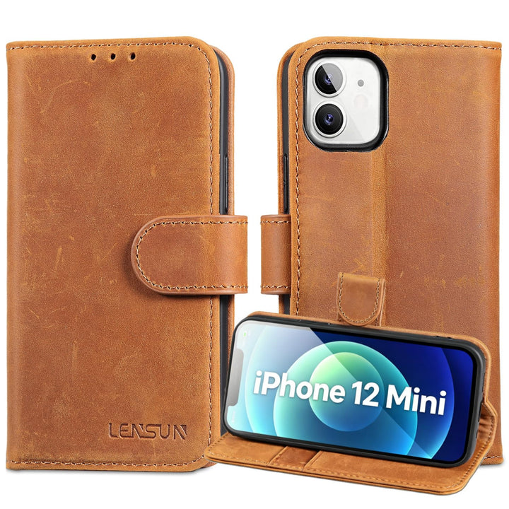 LENSUN Echtleder Hülle für iPhone 12 Mini, Handyhülle [Echtes Leder][Magnetverschluss][RFID Schutz]