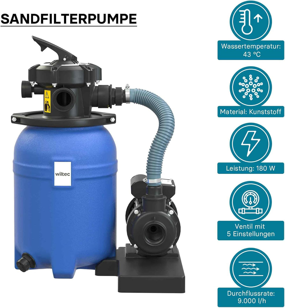 Wiltec Sandfilteranlage 180W mit 14l Filtertank und selbstansaugender Pumpe 9000 l/h, Sandfilterpump