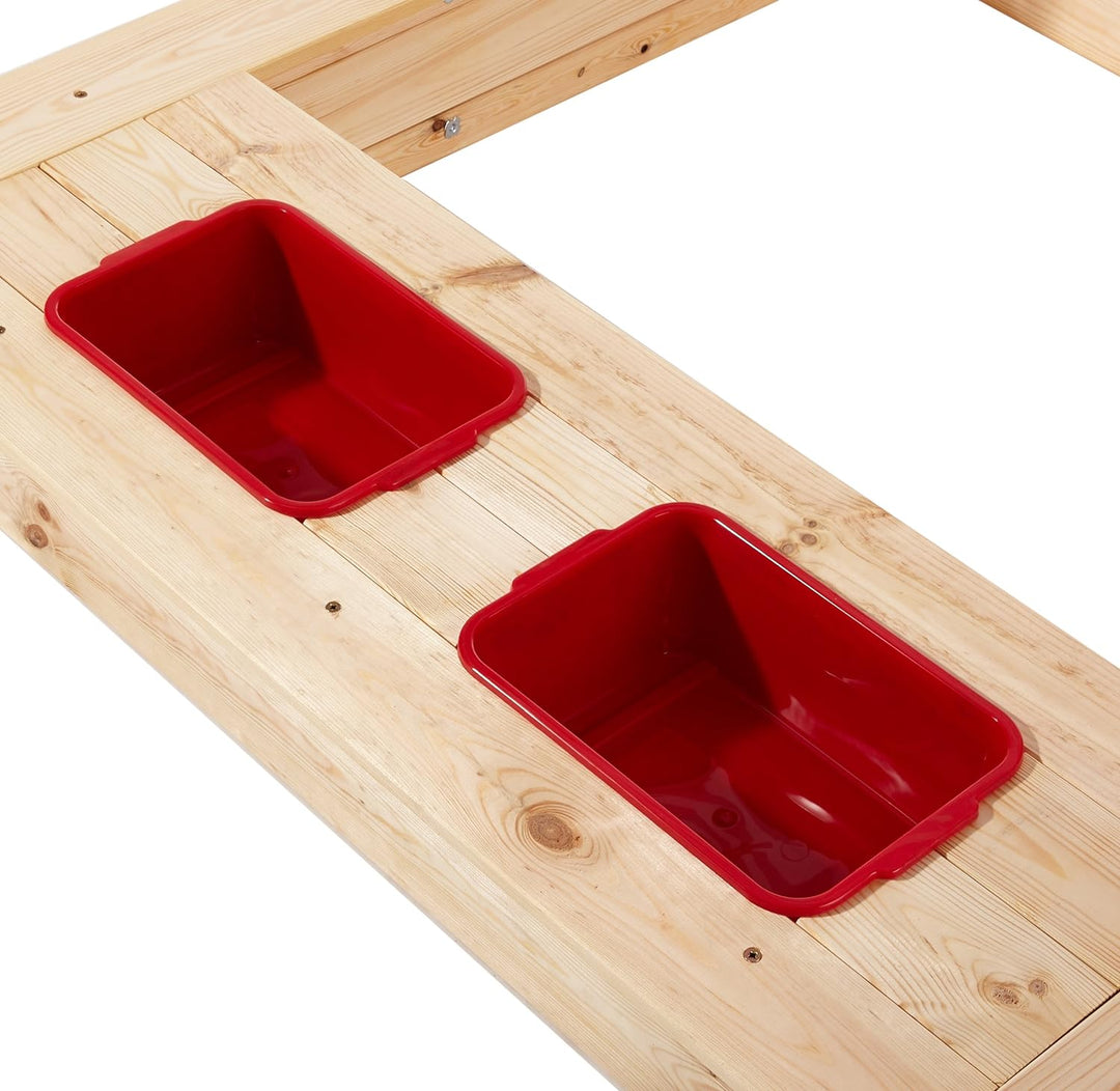 beluga Spielwaren 50380 -Sandkasten mit Wasser-Matsch-Bereich und Rot/weissem Dach, natur / rot