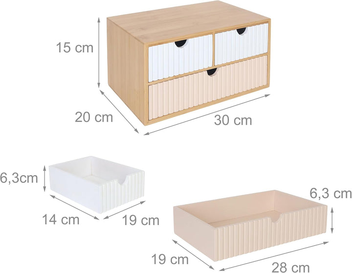 Relaxdays Schubladenbox, Bambus & MDF, 3 geriffelte Schubladen, HBT: 15 x 30 x 20 cm, Schreibtisch O