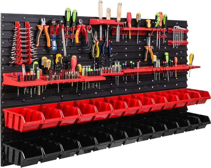 Lagersystem Werkstattregal | 156 x 78 cm | 26 stck. Box | Wandregal mit Werkzeughalterungen und Stap