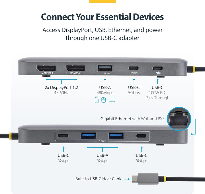 StarTech 9-in-1 USB-C Dock, Dual 4K DisplayPort, 100W, 10Gbit/s, GbE, SD