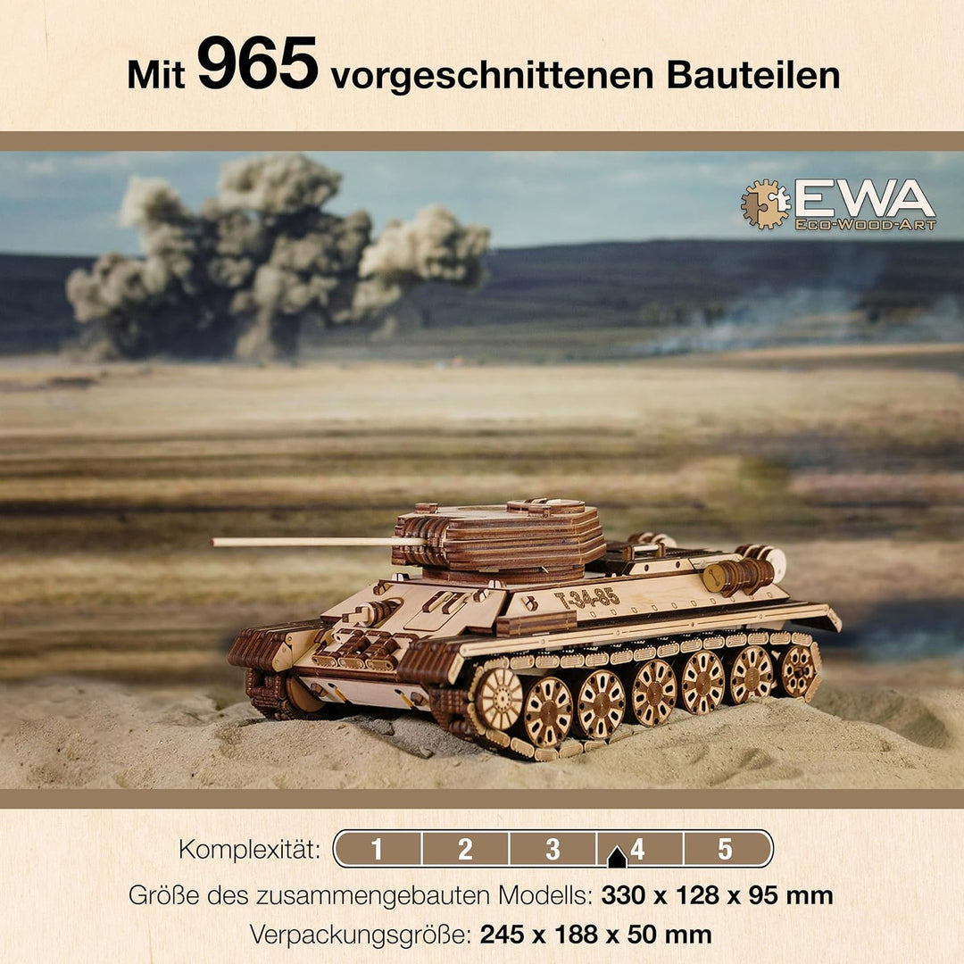 EWA Eco-Wood-Art 3D Puzzle Erwachsene 3D Holzpuzzle mit Gummibandmotor, Rädern &amp; rotierender Kanone