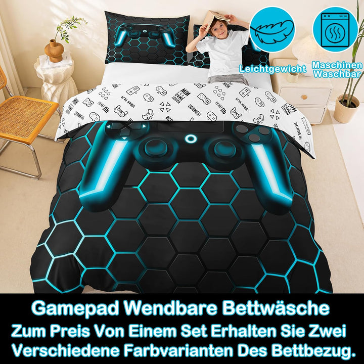 Gamer Bettwäsche Sets für Jungen,Gaming Bettbezug Set 220x240,Kinder Videospiele Trösterbezug,Geomet