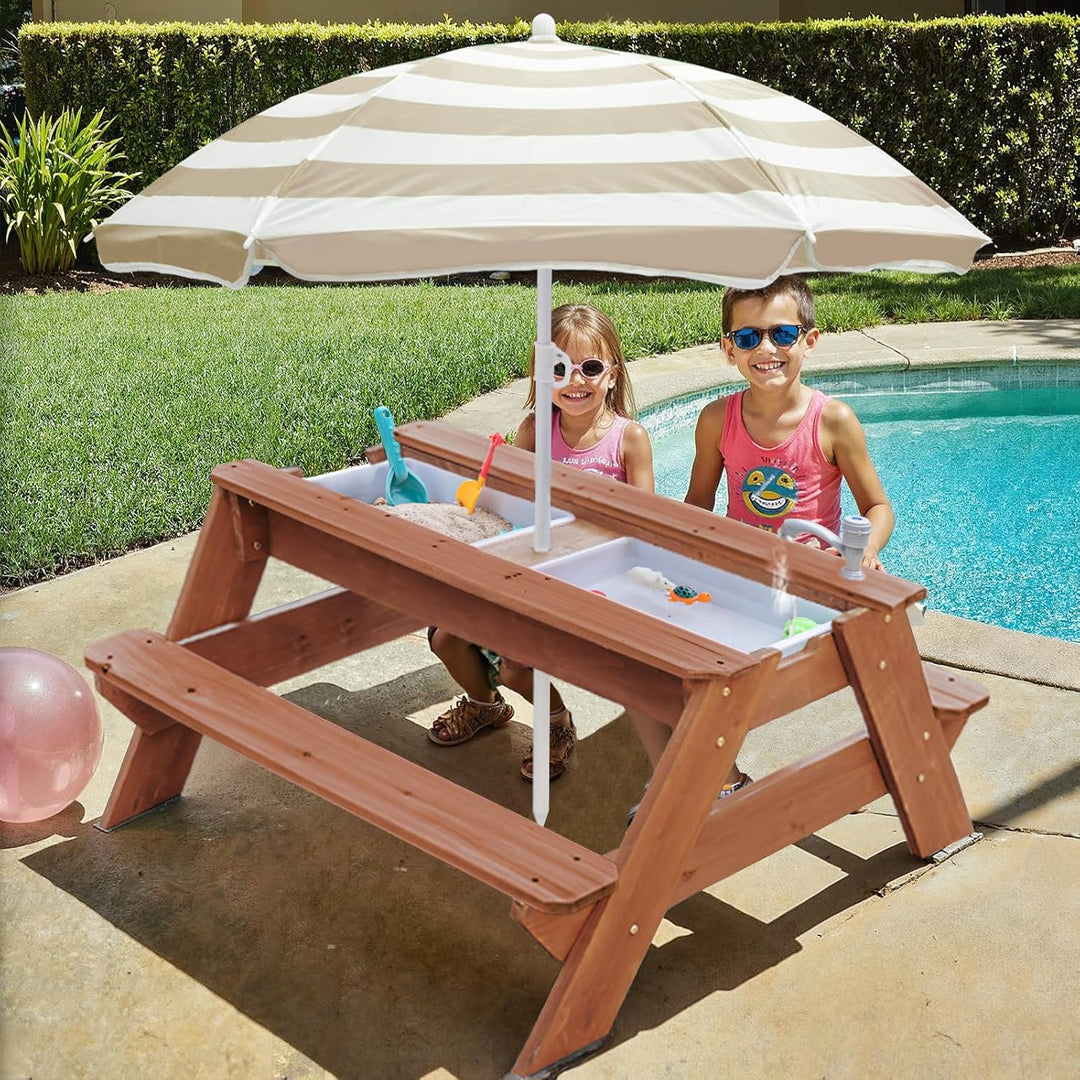 Kids 3-in-1 Sand- und Wasser-Aktivitätstisch, Holz, Outdoor, wandelbarer Picknicktisch mit Regenschi