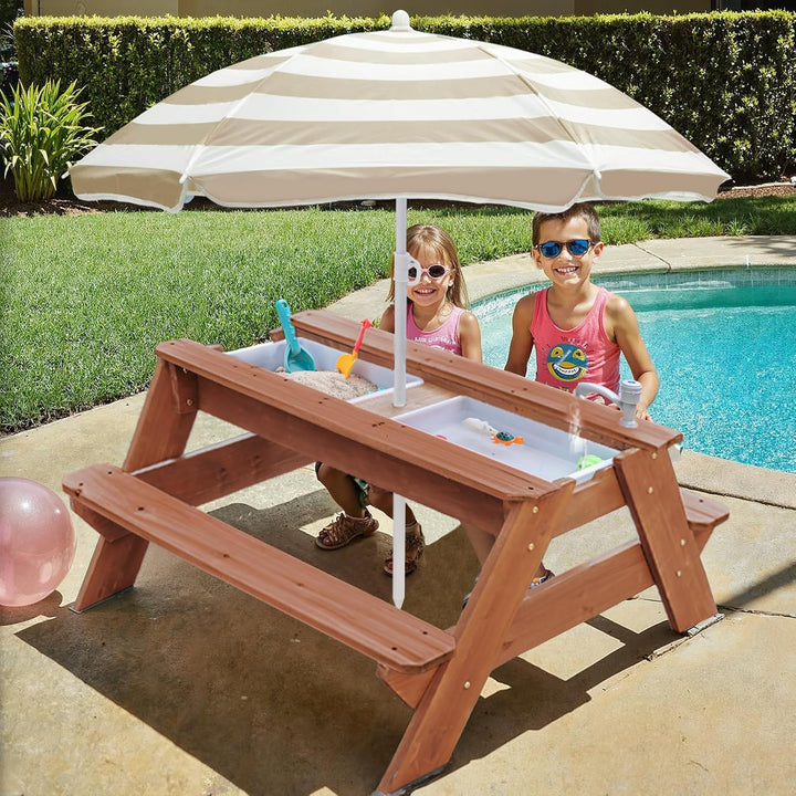 Kids 3-in-1 Sand- und Wasser-Aktivitätstisch, Holz, Outdoor, wandelbarer Picknicktisch mit Regenschi