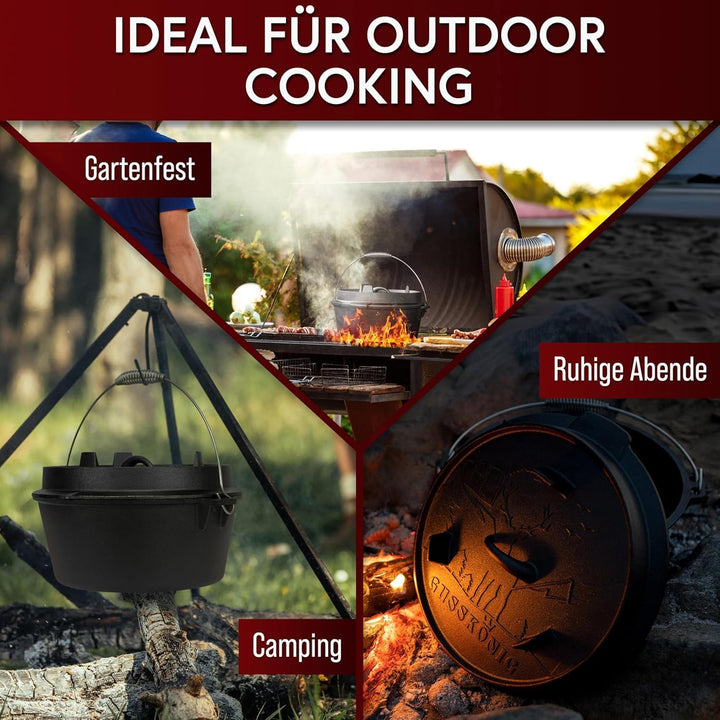 GUSSKÖNIG Dutch Oven Set [9L ] - Eingebrannter Feuertopf mit praktischem Deckelheber und Edelstahl U