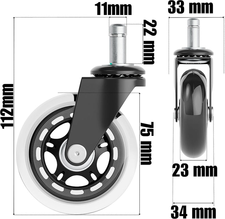 XeloTech 5er Set Hartboden-Rollen für Bürostuhl - 11mm x 22 mm - Sehr leise Bürostuhlrollen - Nie Wi
