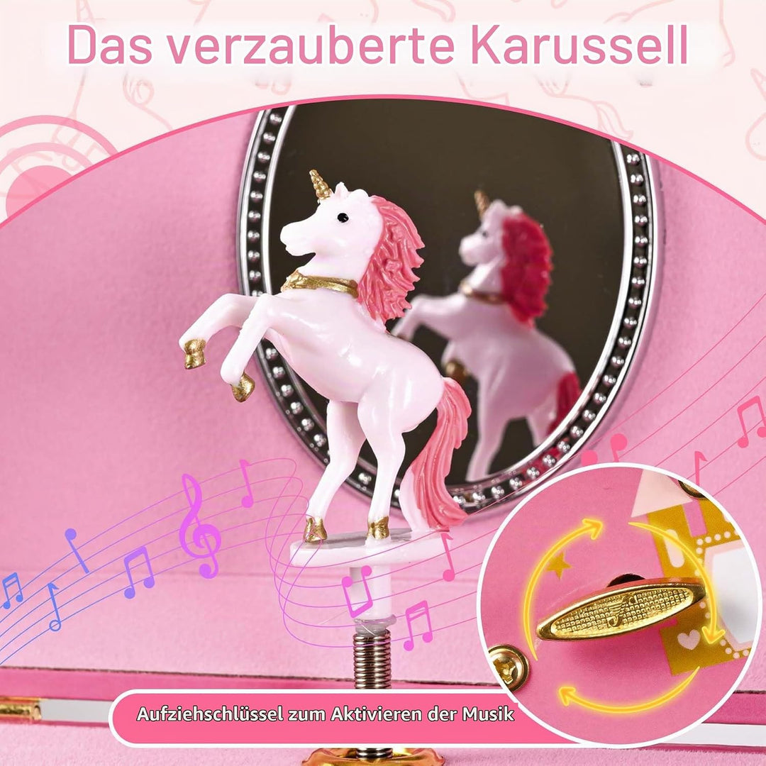 Einhorn Schmuckkästchen Kinder mit Spieluhr für Mädchen,Schmuckschatulle mit drehendem und Spiegel f