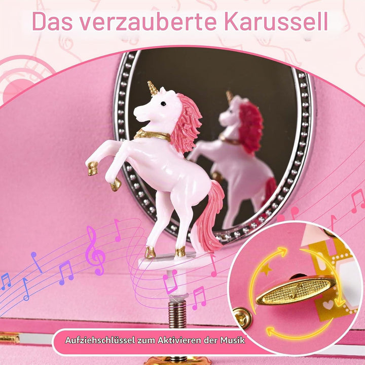 Einhorn Schmuckkästchen Kinder mit Spieluhr für Mädchen,Schmuckschatulle mit drehendem und Spiegel f