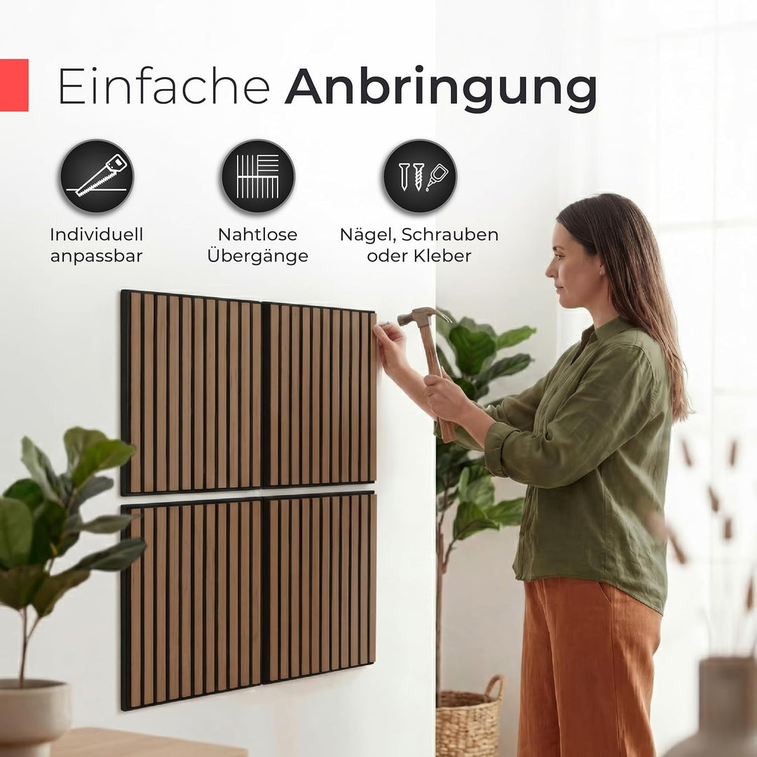 Akustikpaneele Holz – 3er-Set | 60x60cm | Echtholz Walnuss & Akustikfilz Schwarz – 3D Wandpaneele fü